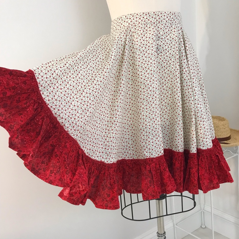 Vintage Handmade Full Circle Floral Ruffled Trimmed Prairie Style Skirt